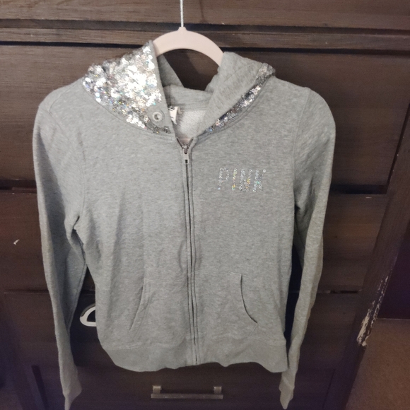 Victoria Secret PINK Gray Sequined Hooded Sweatshirt - RARE Y2K - Picture 5 of 15